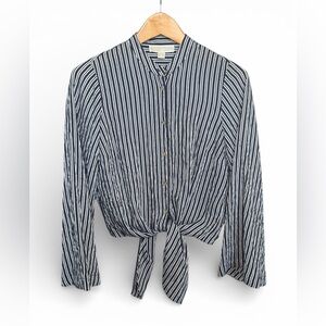 Michael Kors Women's Midnight Blue Striped Button Front Tie Hem Top Size S